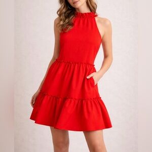 Anthropologie Elliatt Red Tiered Ruffle Dress Mock Neck Size S Babydoll